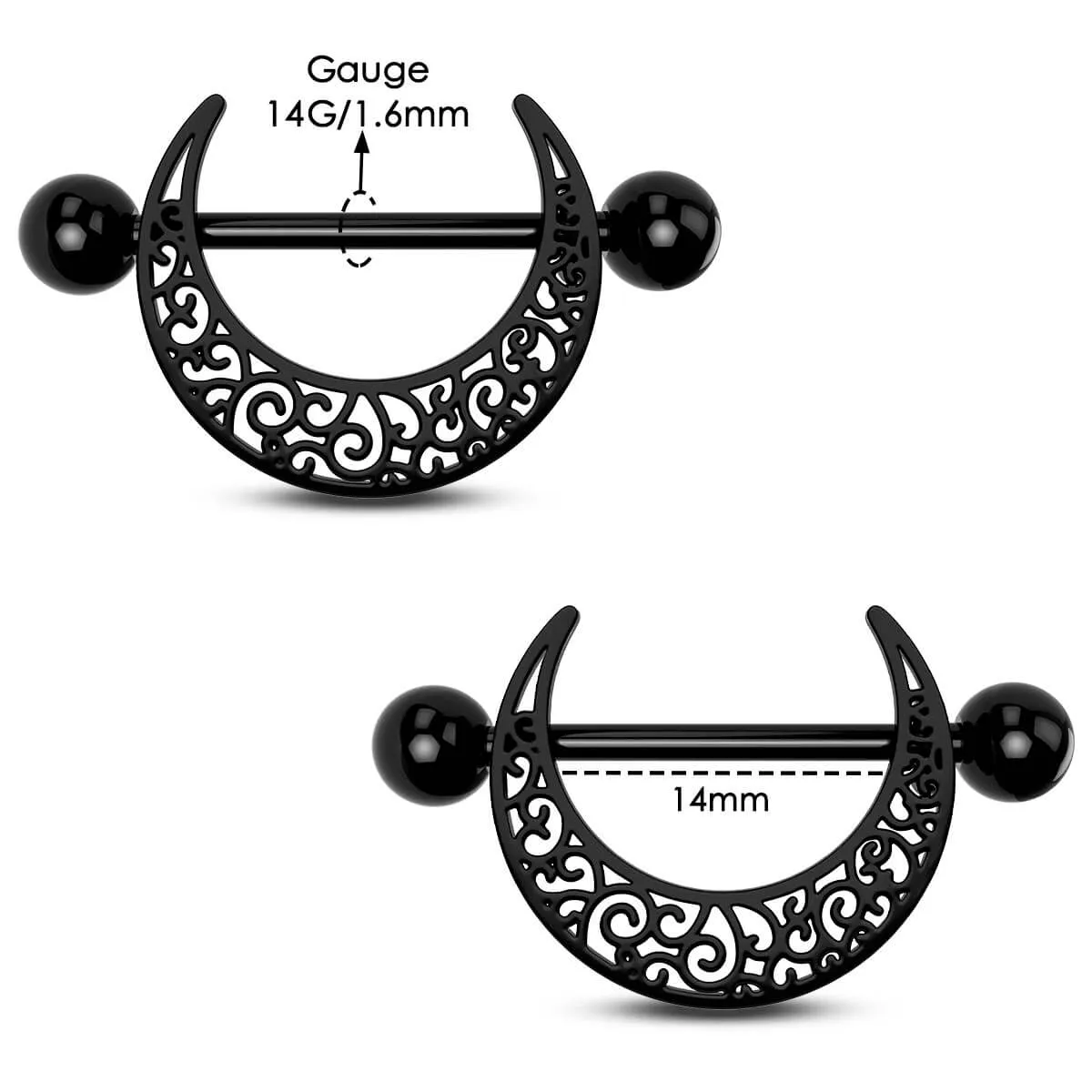 2PCS 14G Carved Out Moon Nipple Barbell