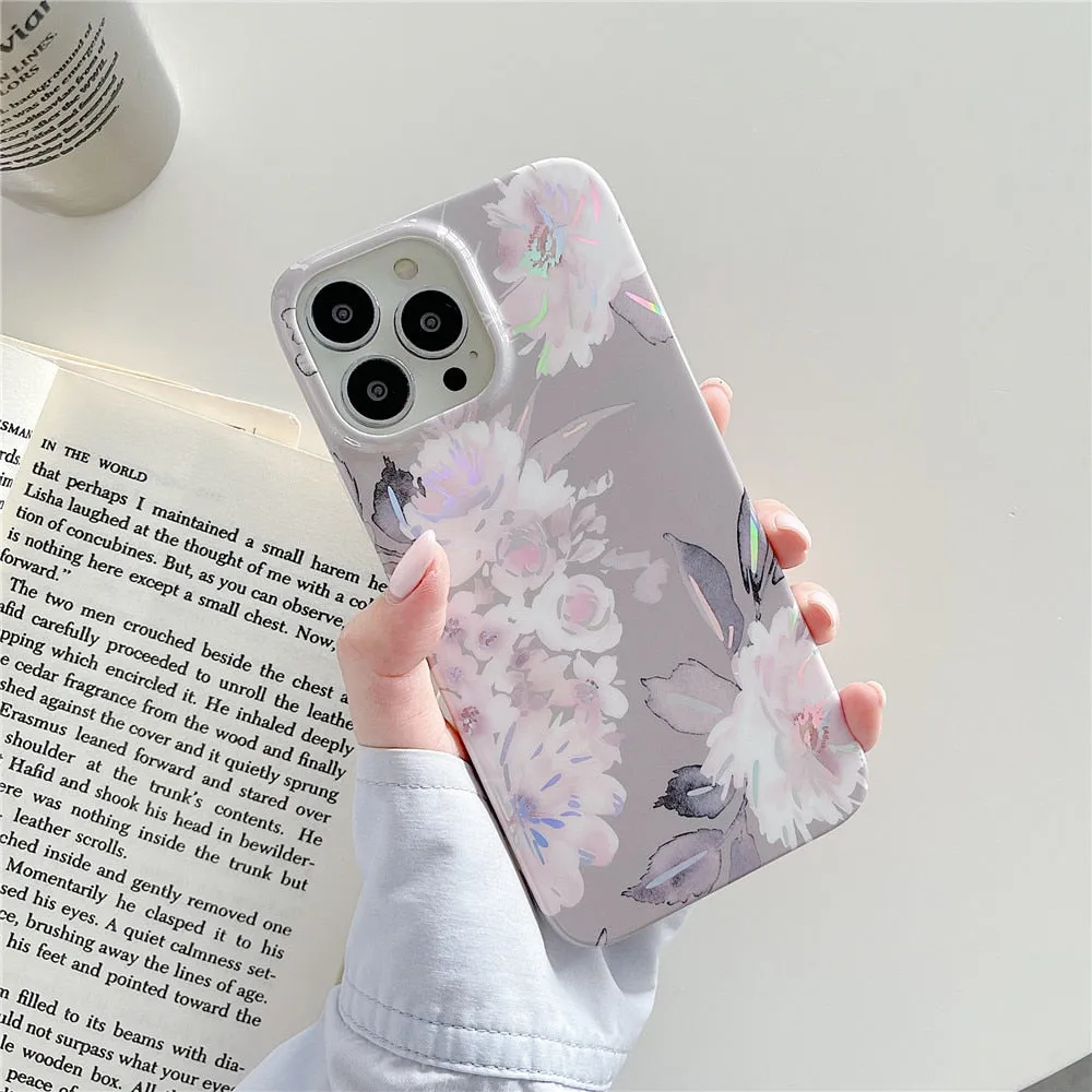 Anymob iPhone Gray Laser Retro Flower Phone Case Soft Silicone Full Body Back Cover