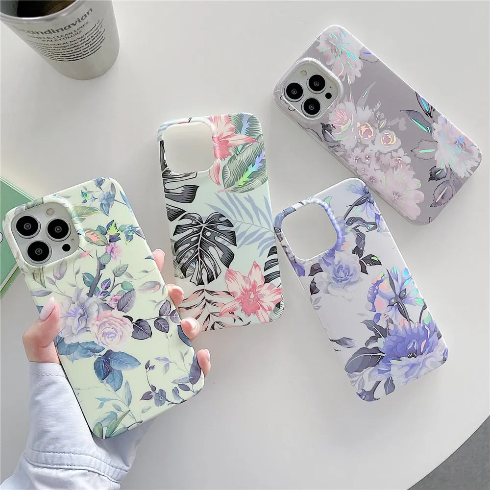 Anymob iPhone Gray Laser Retro Flower Phone Case Soft Silicone Full Body Back Cover