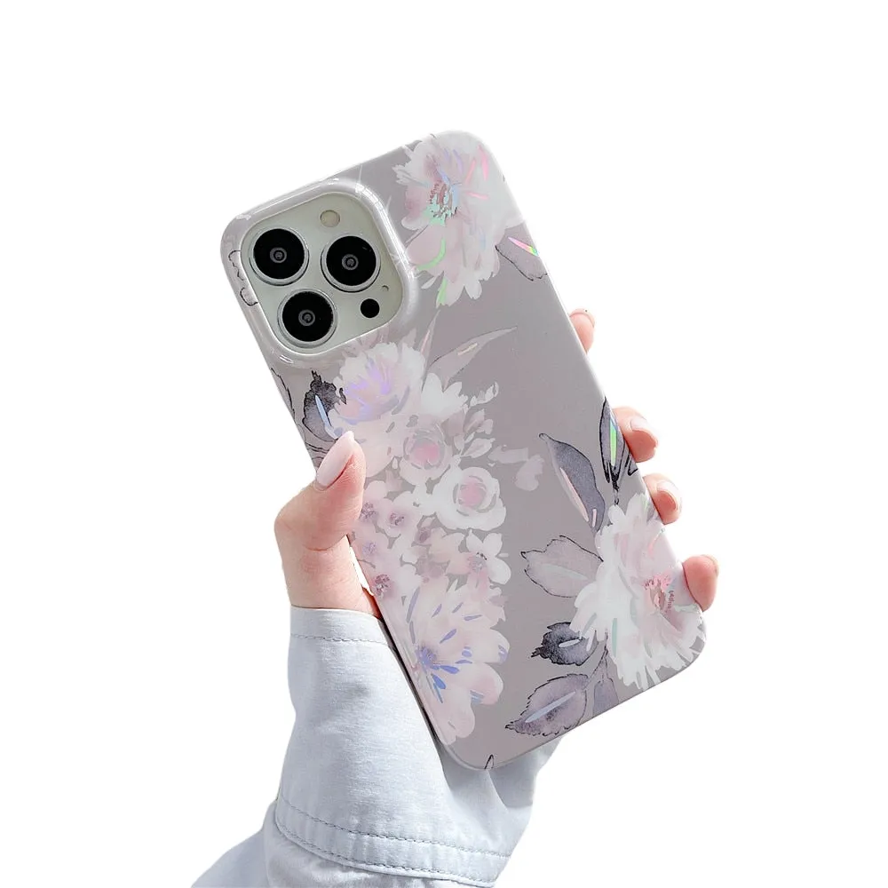 Anymob iPhone Gray Laser Retro Flower Phone Case Soft Silicone Full Body Back Cover