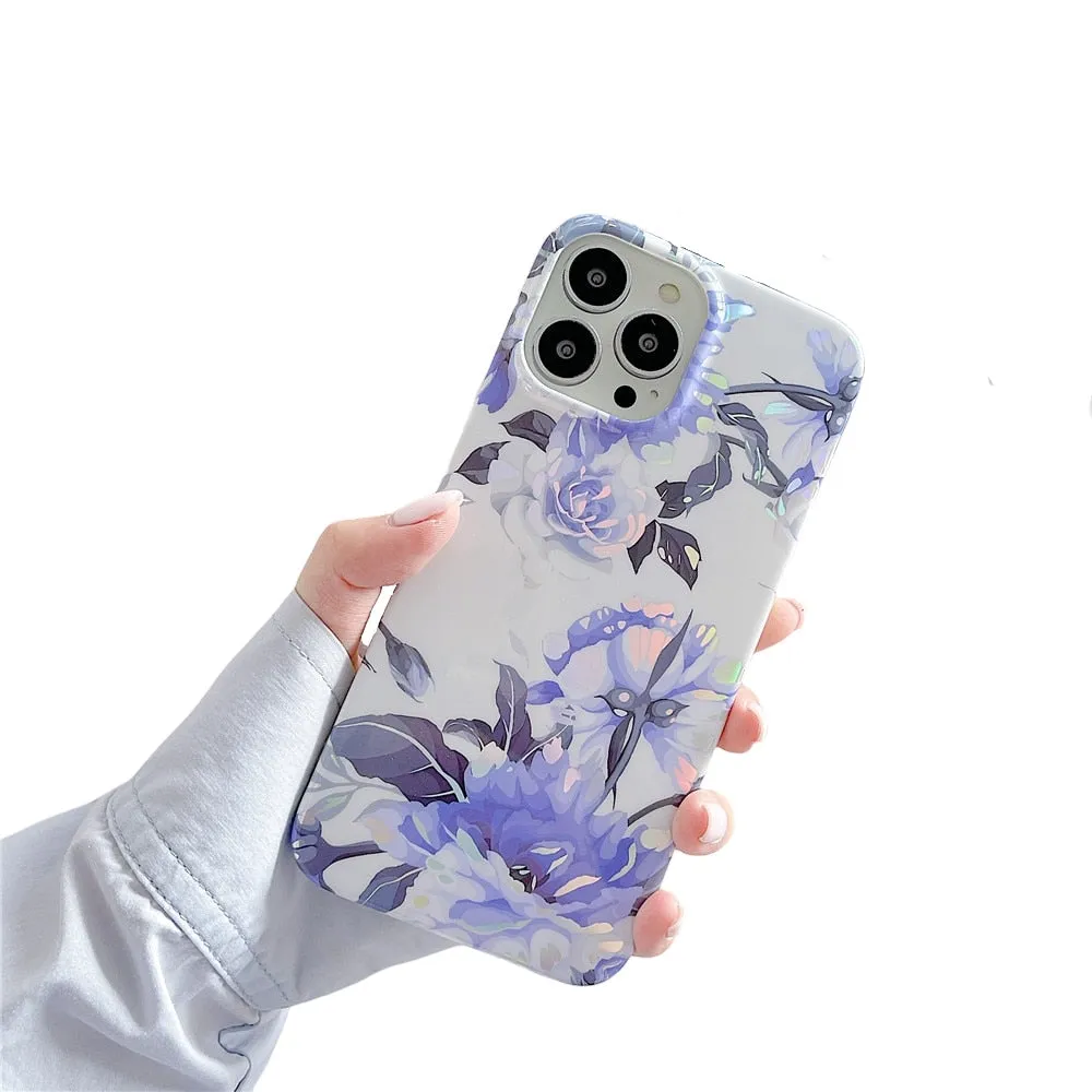 Anymob iPhone Lavender Laser Retro Flower Phone Case Soft Silicone Full Body Back Cover