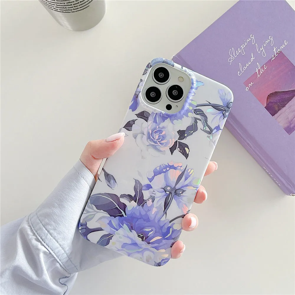 Anymob iPhone Mint Green Laser Retro Flower Phone Case Soft Silicone Full Body Back Cover