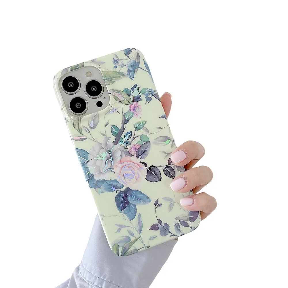 Anymob iPhone Mint Green Laser Retro Flower Phone Case Soft Silicone Full Body Back Cover