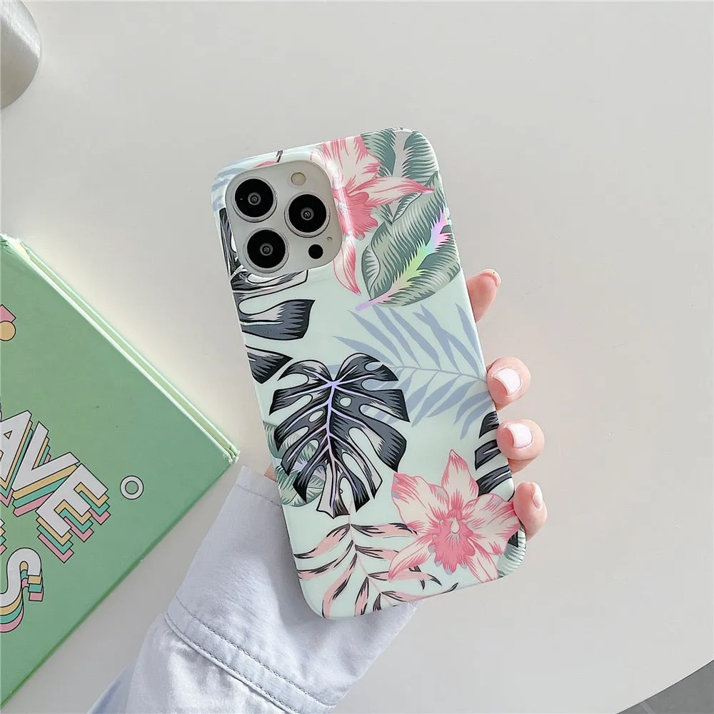 Anymob iPhone Mint Green Laser Retro Flower Phone Case Soft Silicone Full Body Back Cover