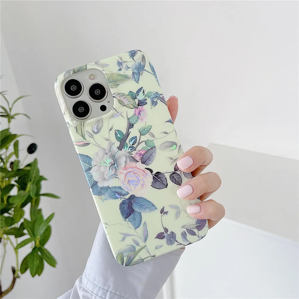 Anymob iPhone Mint Green Laser Retro Flower Phone Case Soft Silicone Full Body Back Cover