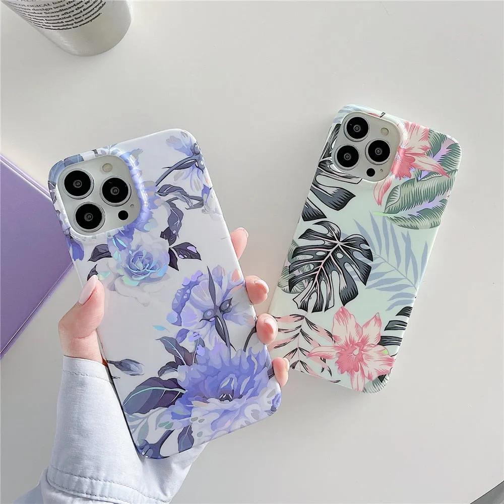 Anymob iPhone Mint Green Laser Retro Flower Phone Case Soft Silicone Full Body Back Cover