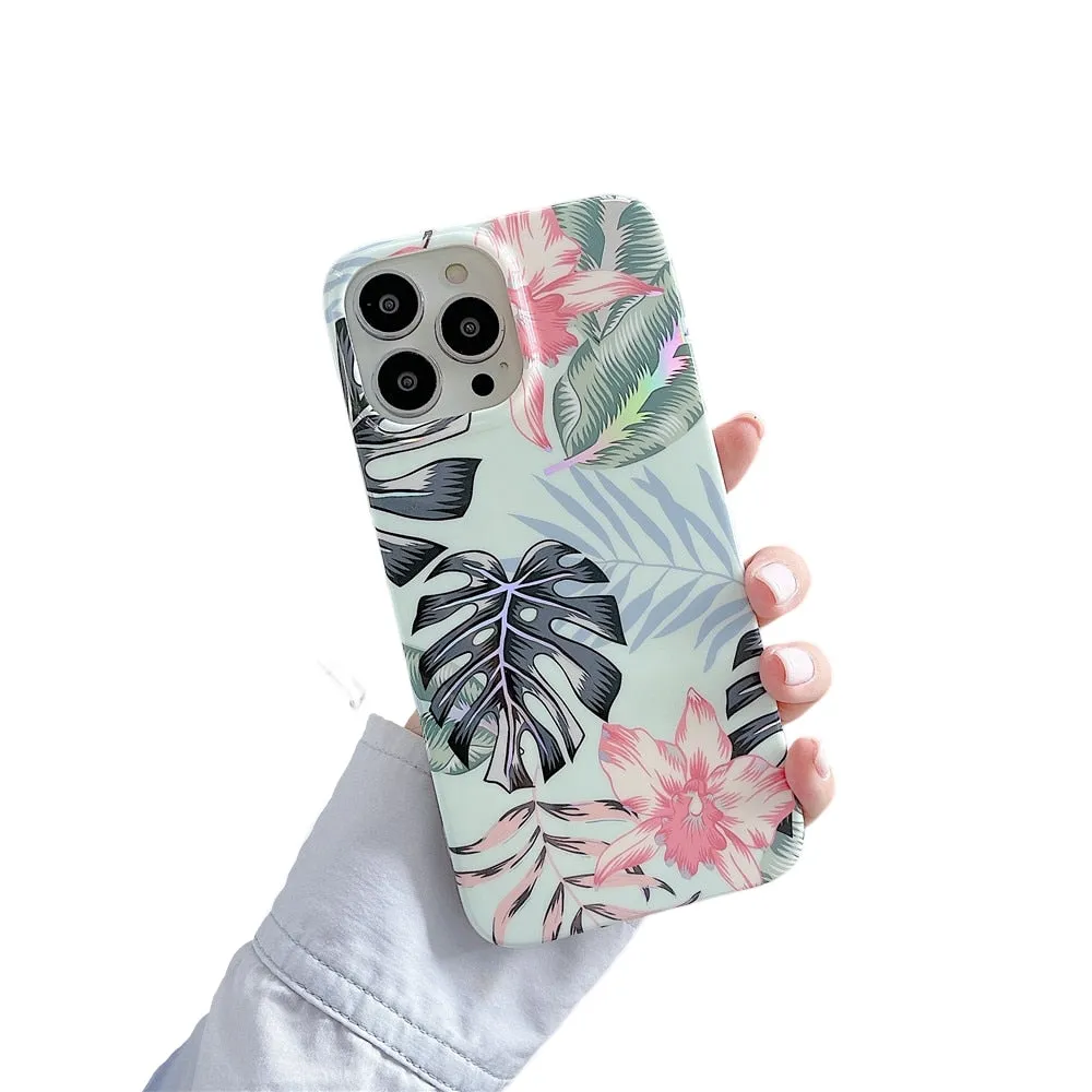 Anymob iPhone Mint Green Plant Laser Retro Flower Phone Case Soft Silicone Full Body Back Cover