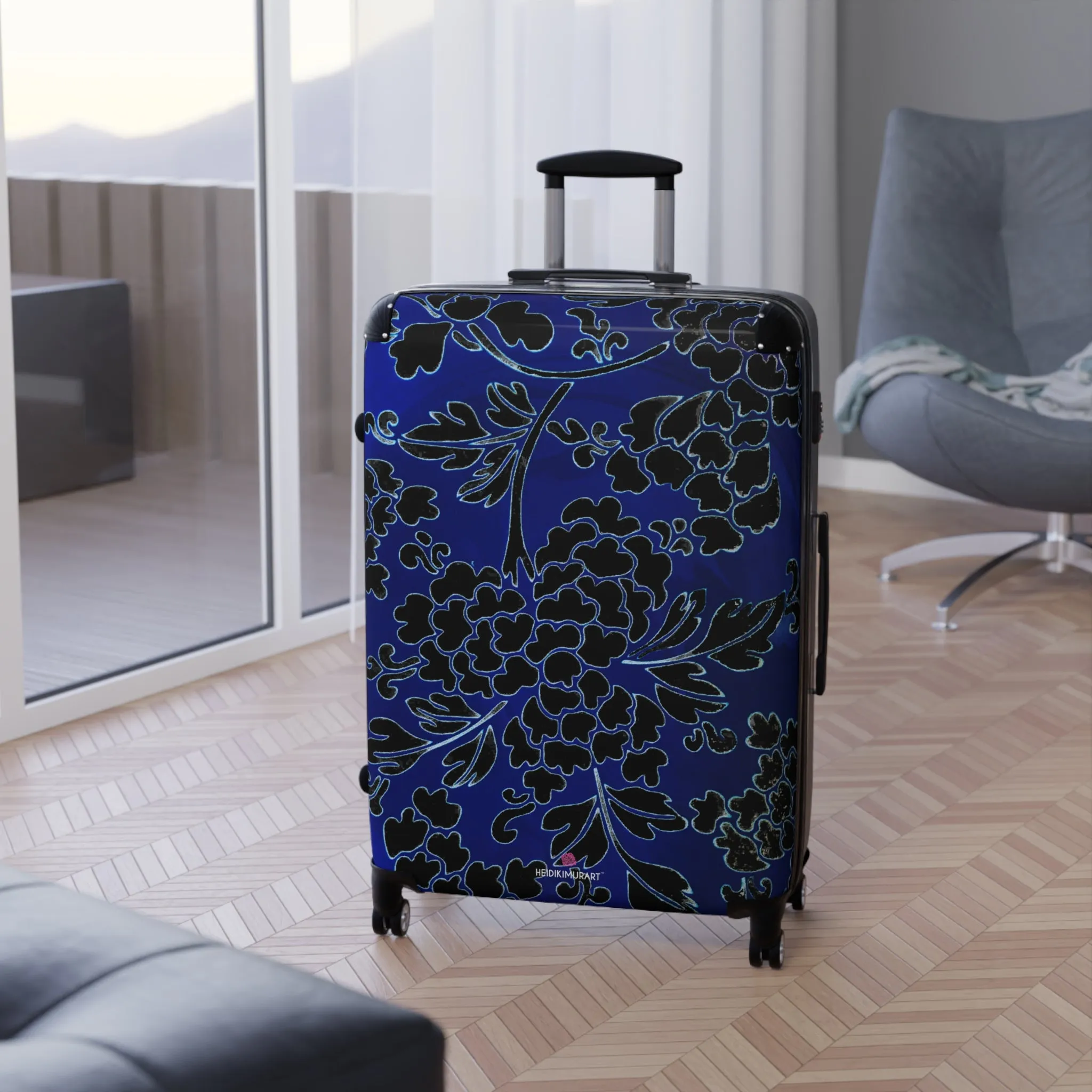 Black Blue Floral Print Suitcase, Abstract Oriental Style Floral Print Designer Suitcases, Travel Bag Suitcases (Small, Medium, Large)