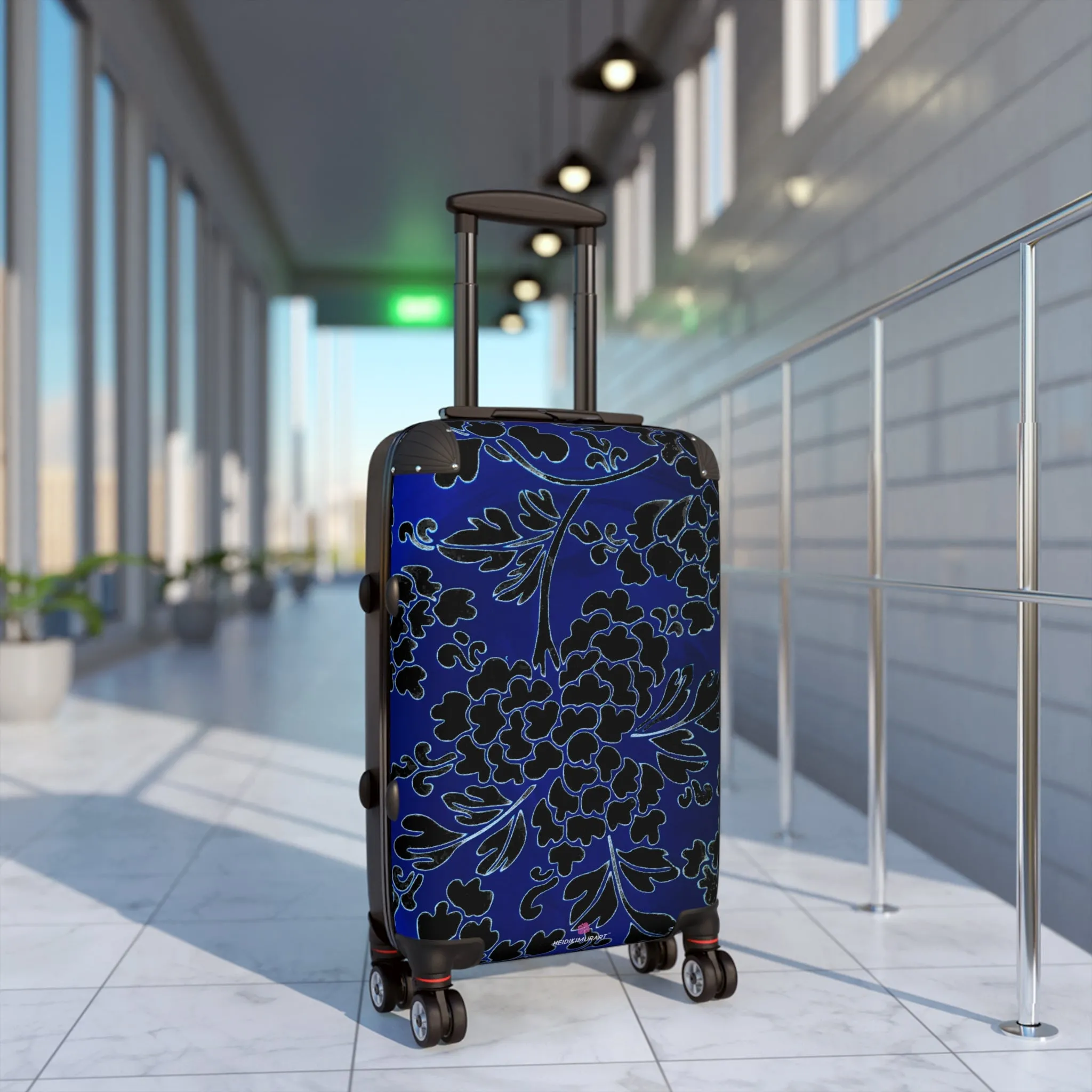 Black Blue Floral Print Suitcase, Abstract Oriental Style Floral Print Designer Suitcases, Travel Bag Suitcases (Small, Medium, Large)