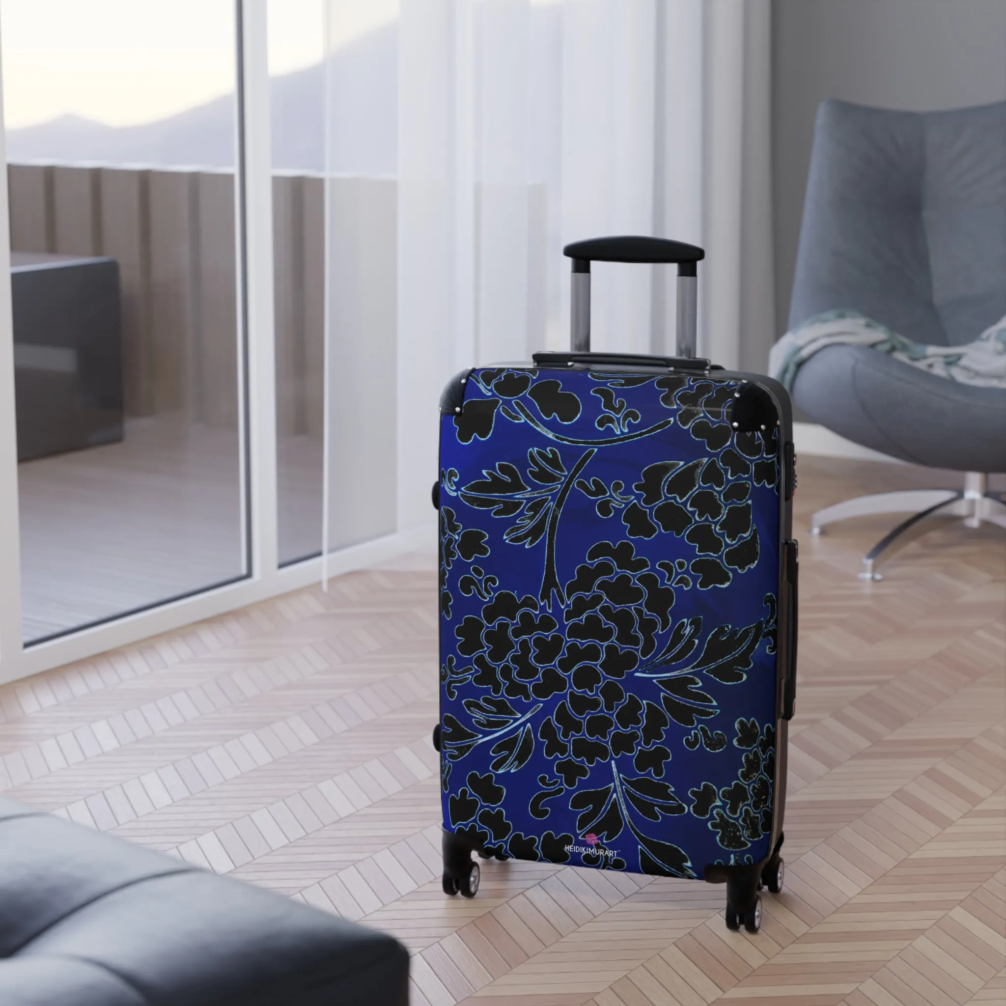 Black Blue Floral Print Suitcase, Abstract Oriental Style Floral Print Designer Suitcases, Travel Bag Suitcases (Small, Medium, Large)