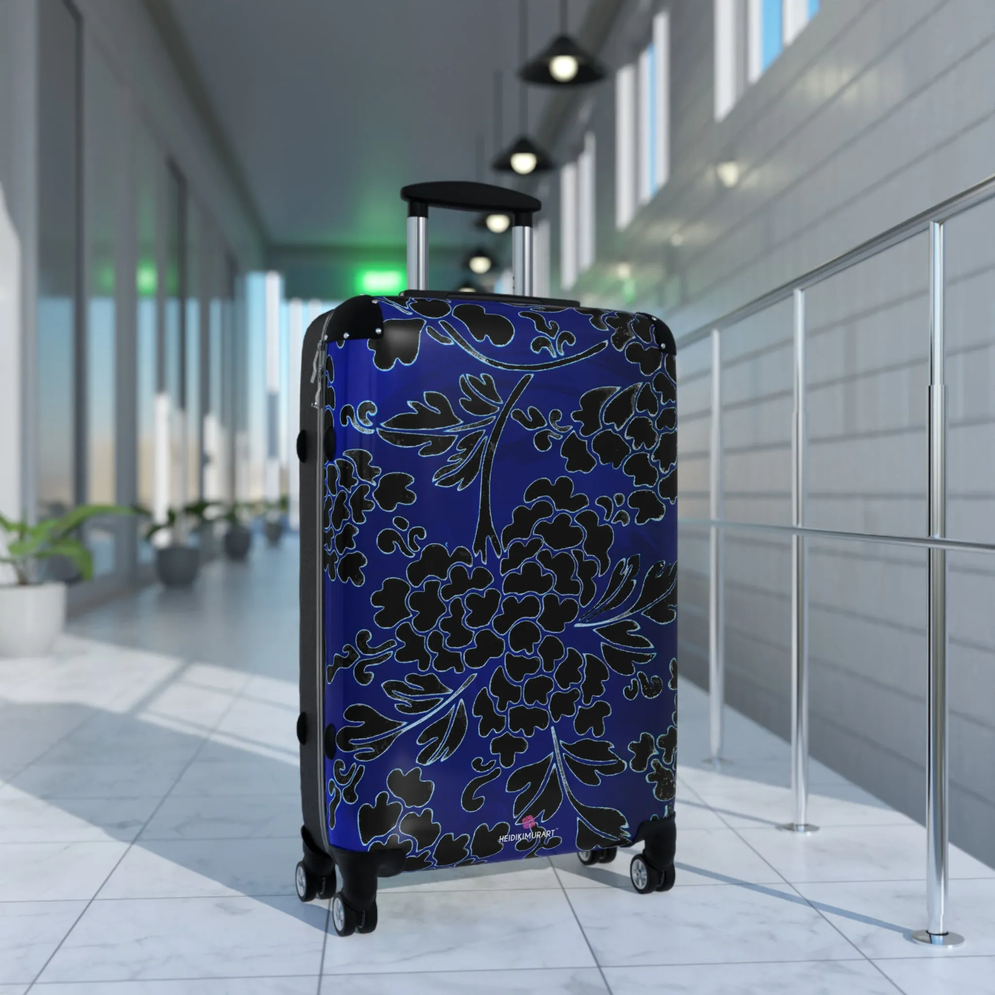 Black Blue Floral Print Suitcase, Abstract Oriental Style Floral Print Designer Suitcases, Travel Bag Suitcases (Small, Medium, Large)