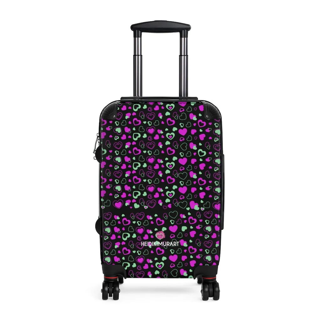 Black Pink Hearts Cabin Suitcase, Valentine's Day Small Carry On Hard-Shell Durable Luggage