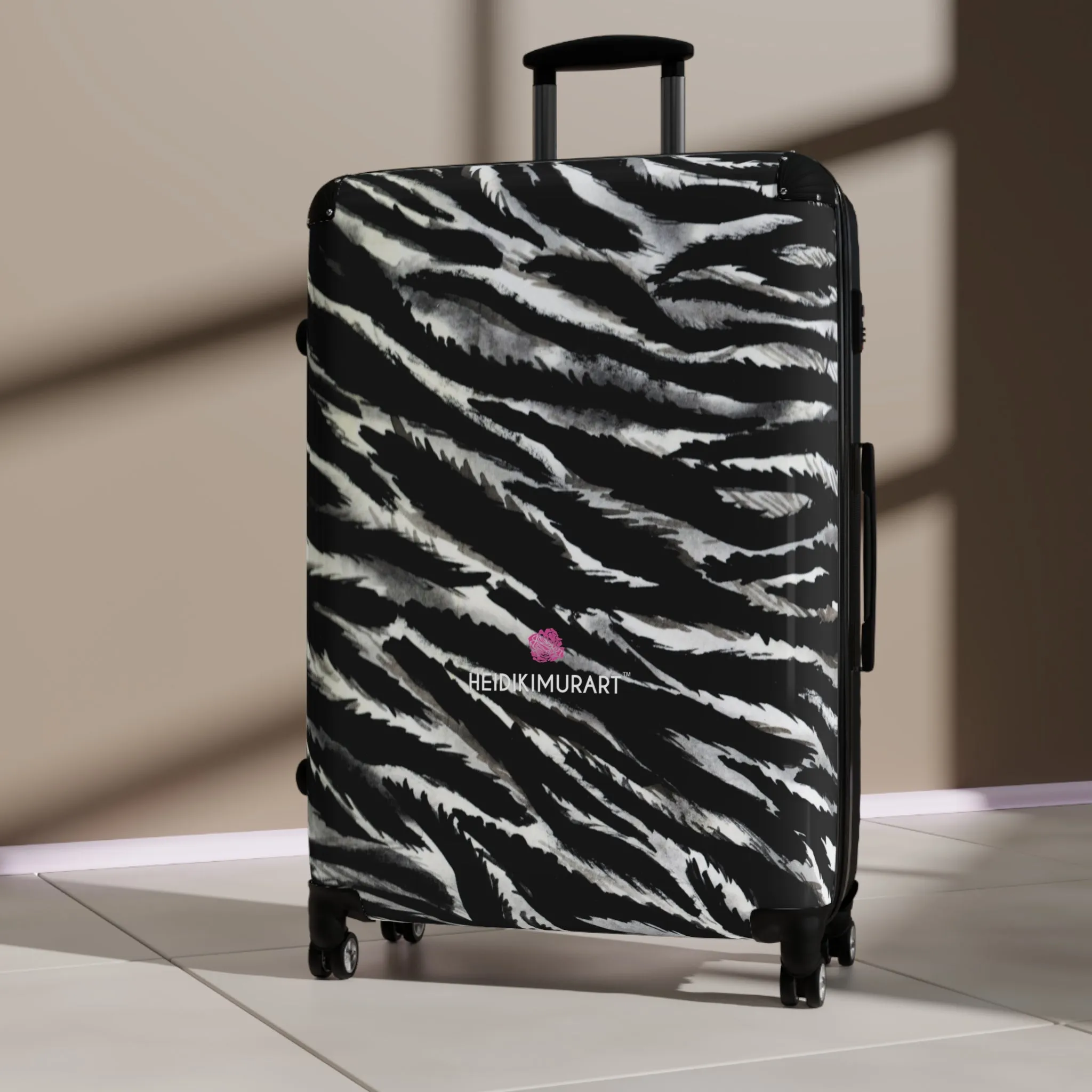 Black Zebra Print Cabin Suitcase, Black and White Zebra Print Travel Bag Suitcases (Small, Medium, Large)