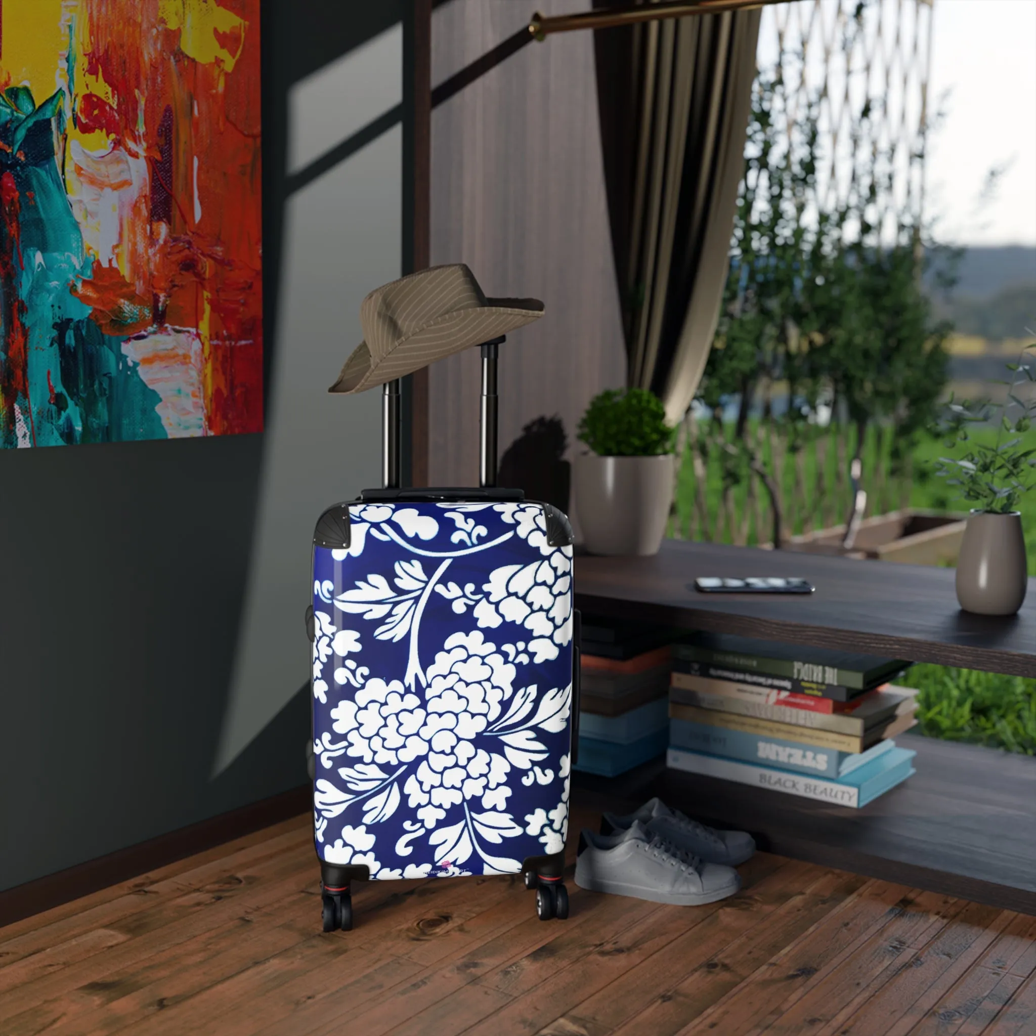 Blue Floral Print Suitcase, Abstract Print Designer Suitcases, Travel Bag Suitcases (Small, Medium, Large)