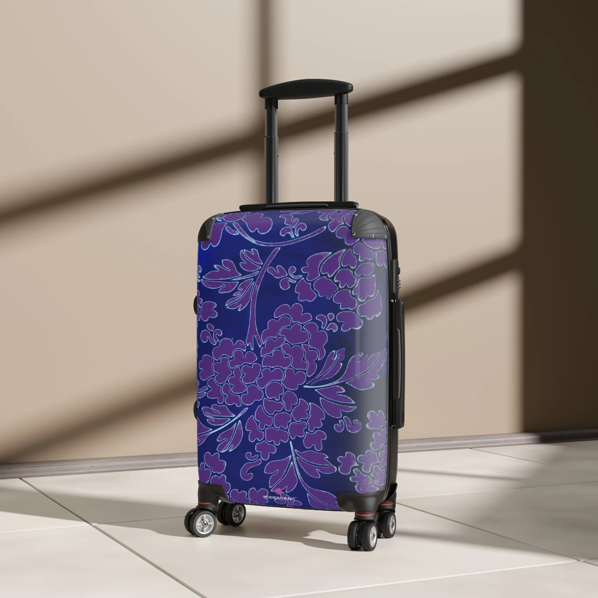 Blue Purple Floral Print Suitcase, Abstract Oriental Style Floral Print Designer Suitcases, Travel Bag Suitcases (Small, Medium, Large)