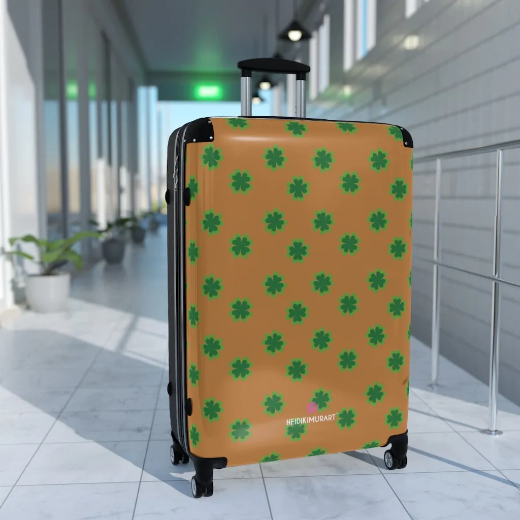 Brown Clover Print Suitcases, Irish Style St. Patrick's Day Designer Suitcase Luggage (Small, Medium, Large)