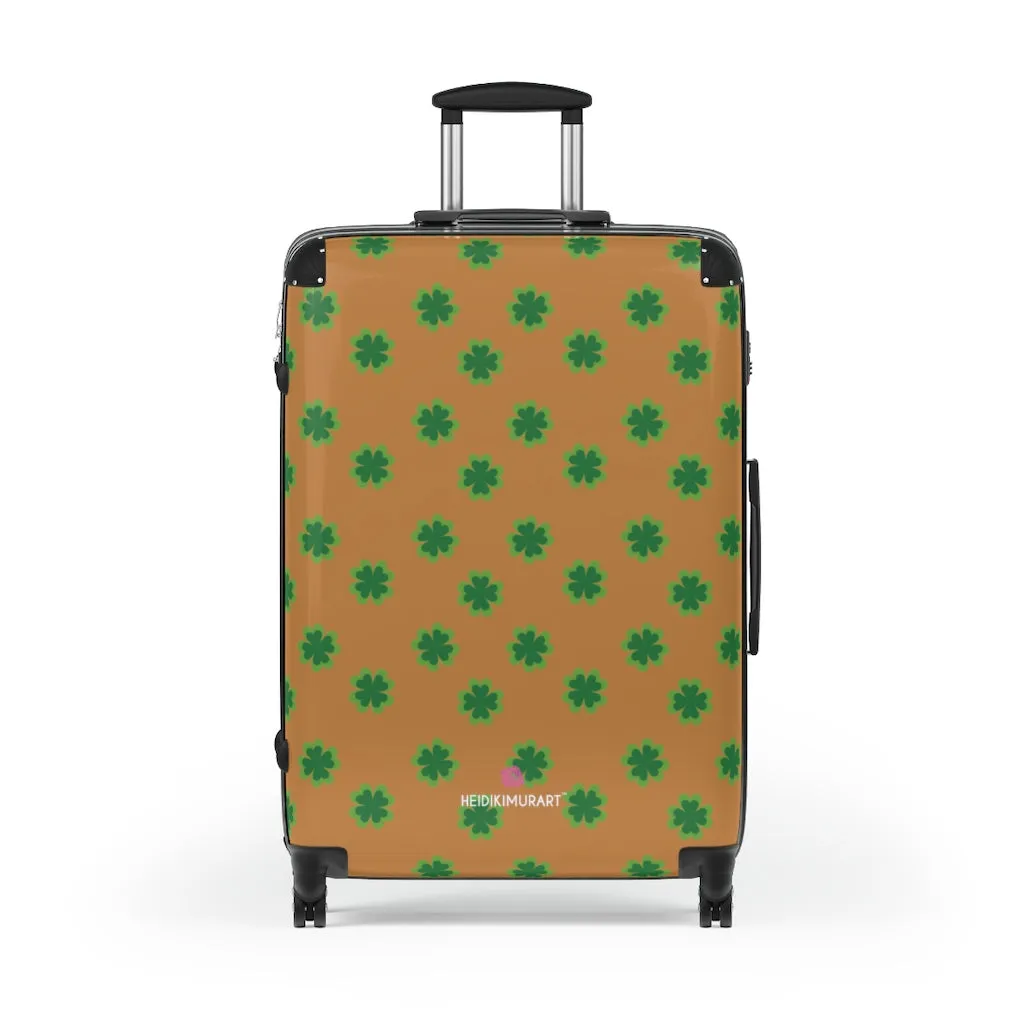 Brown Clover Print Suitcases, Irish Style St. Patrick's Day Designer Suitcase Luggage (Small, Medium, Large)