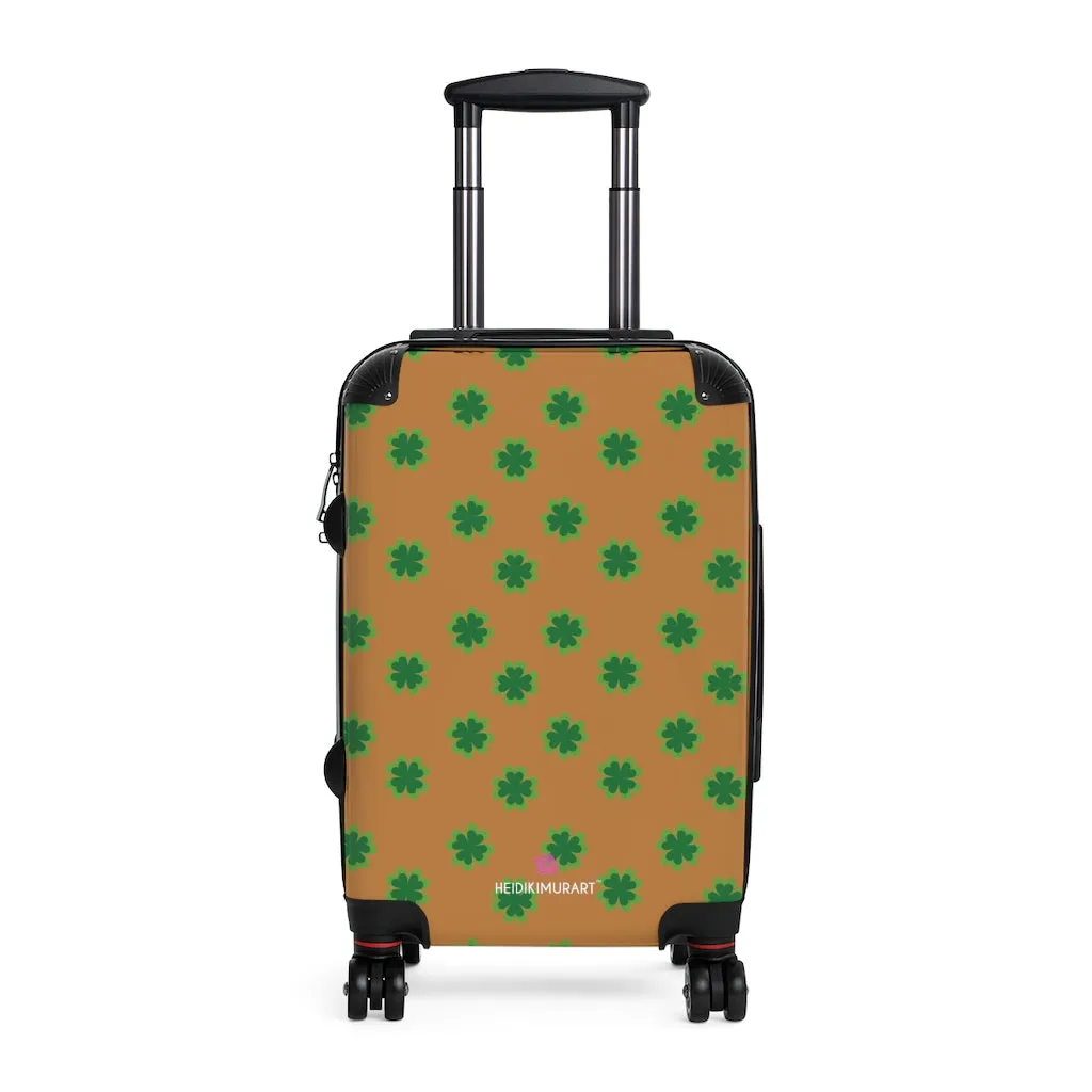 Brown Clover Print Suitcases, Irish Style St. Patrick's Day Designer Suitcase Luggage (Small, Medium, Large)