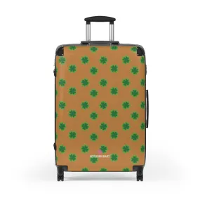 Brown Clover Print Suitcases, Irish Style St. Patrick's Day Designer Suitcase Luggage (Small, Medium, Large)