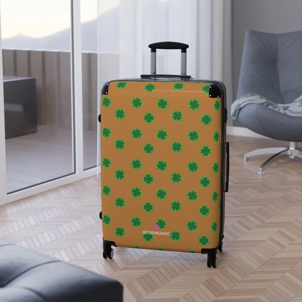 Brown Clover Print Suitcases, Irish Style St. Patrick's Day Designer Suitcase Luggage (Small, Medium, Large)