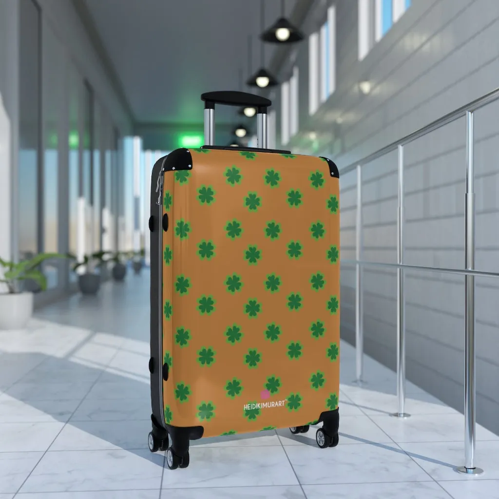 Brown Clover Print Suitcases, Irish Style St. Patrick's Day Designer Suitcase Luggage (Small, Medium, Large)