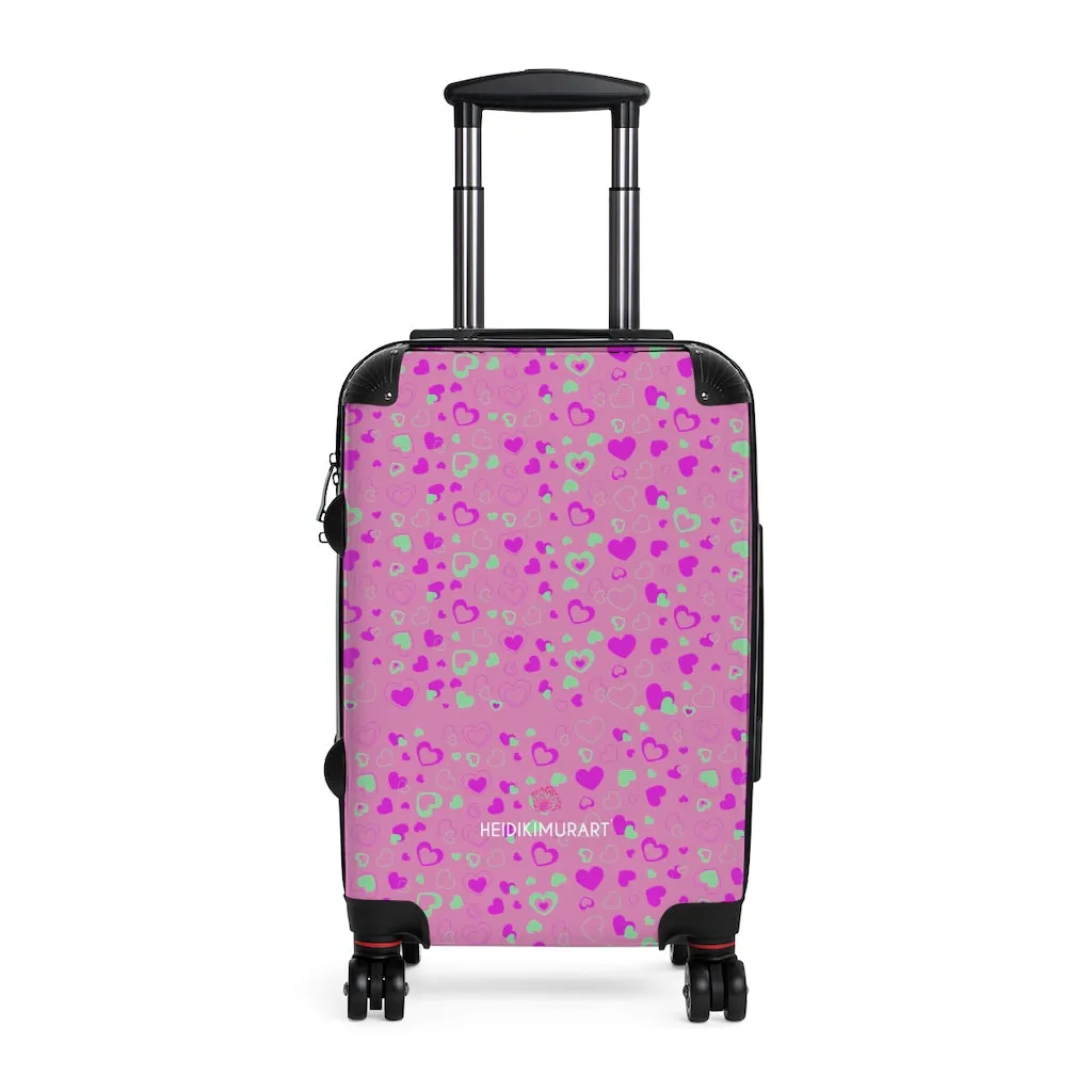 Cute Pink Hearts Cabin Suitcase, Valentine's Day Small Carry On Hard-Shell Durable Luggage