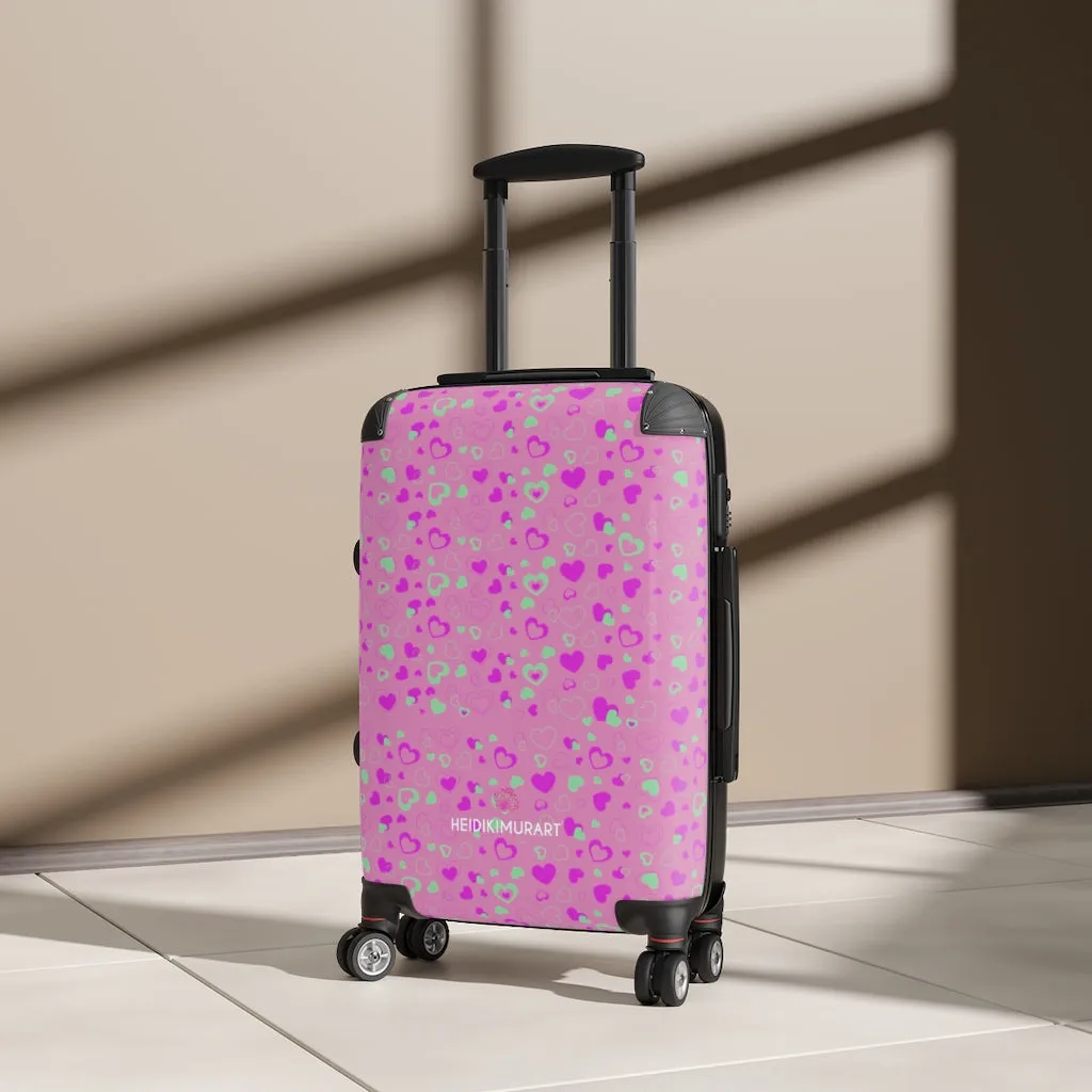 Cute Pink Hearts Cabin Suitcase, Valentine's Day Small Carry On Hard-Shell Durable Luggage