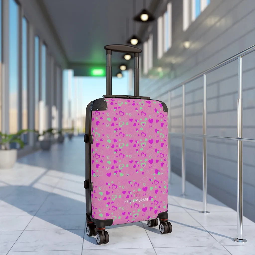 Cute Pink Hearts Cabin Suitcase, Valentine's Day Small Carry On Hard-Shell Durable Luggage