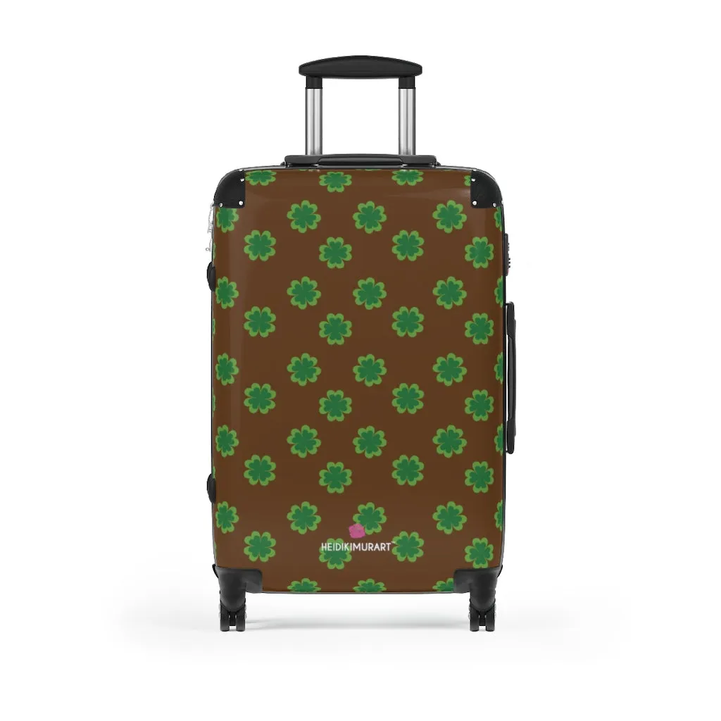 Dark Brown Clover Print Suitcases, Irish Style St. Patrick's Day Designer Suitcase Luggage (Small, Medium, Large)