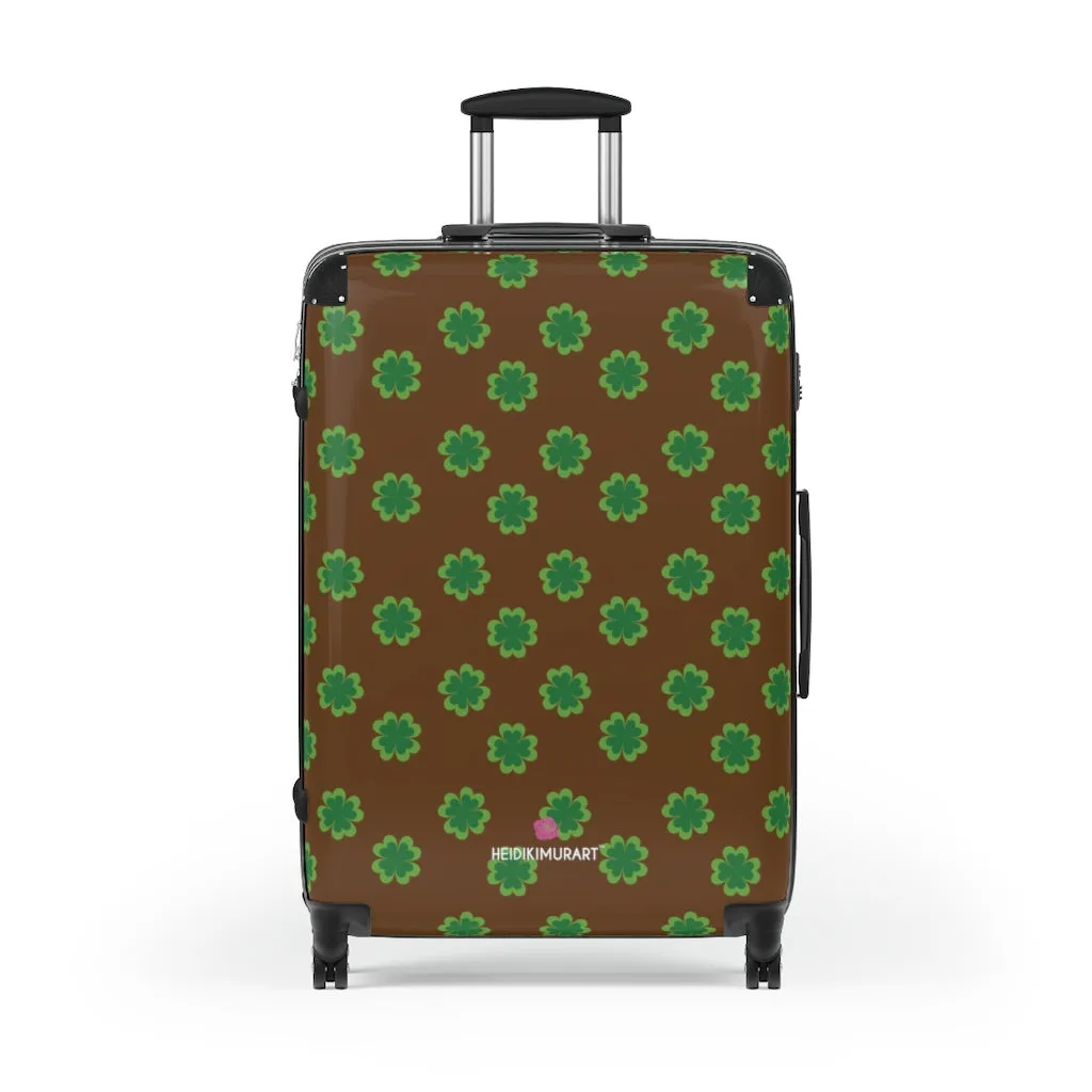 Dark Brown Clover Print Suitcases, Irish Style St. Patrick's Day Designer Suitcase Luggage (Small, Medium, Large)