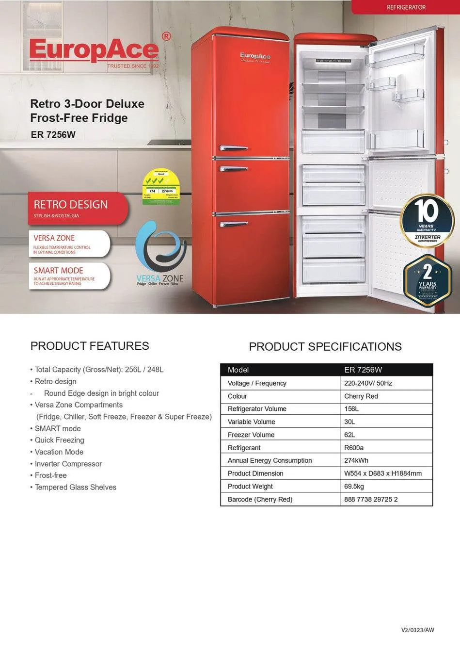 Europace Retro 3 Doors Versa Zone Refrigerator ER 7256W