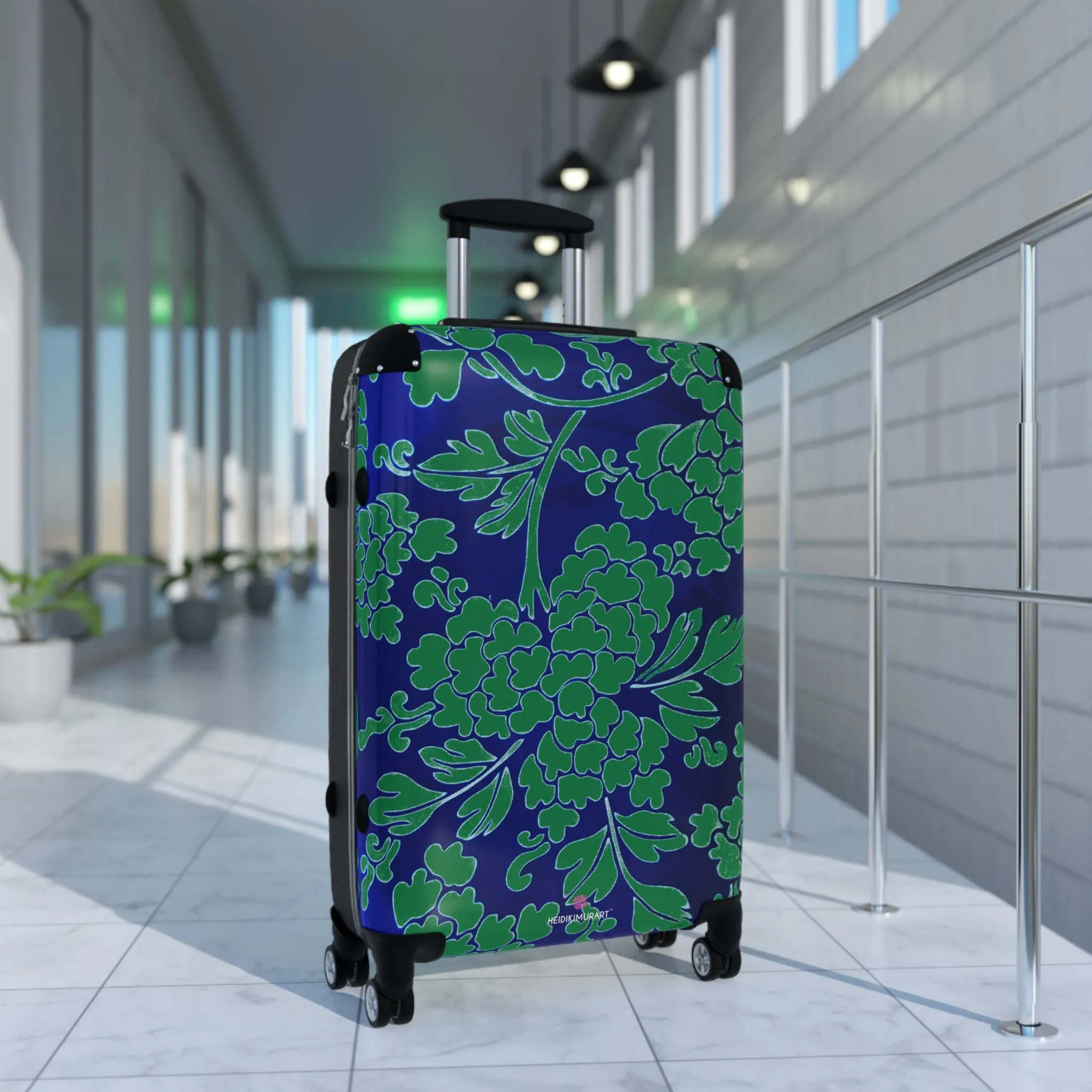 Green Blue Floral Print Suitcase, Abstract Oriental Style Print Designer Suitcases, Travel Bag Suitcases (Small, Medium, Large)