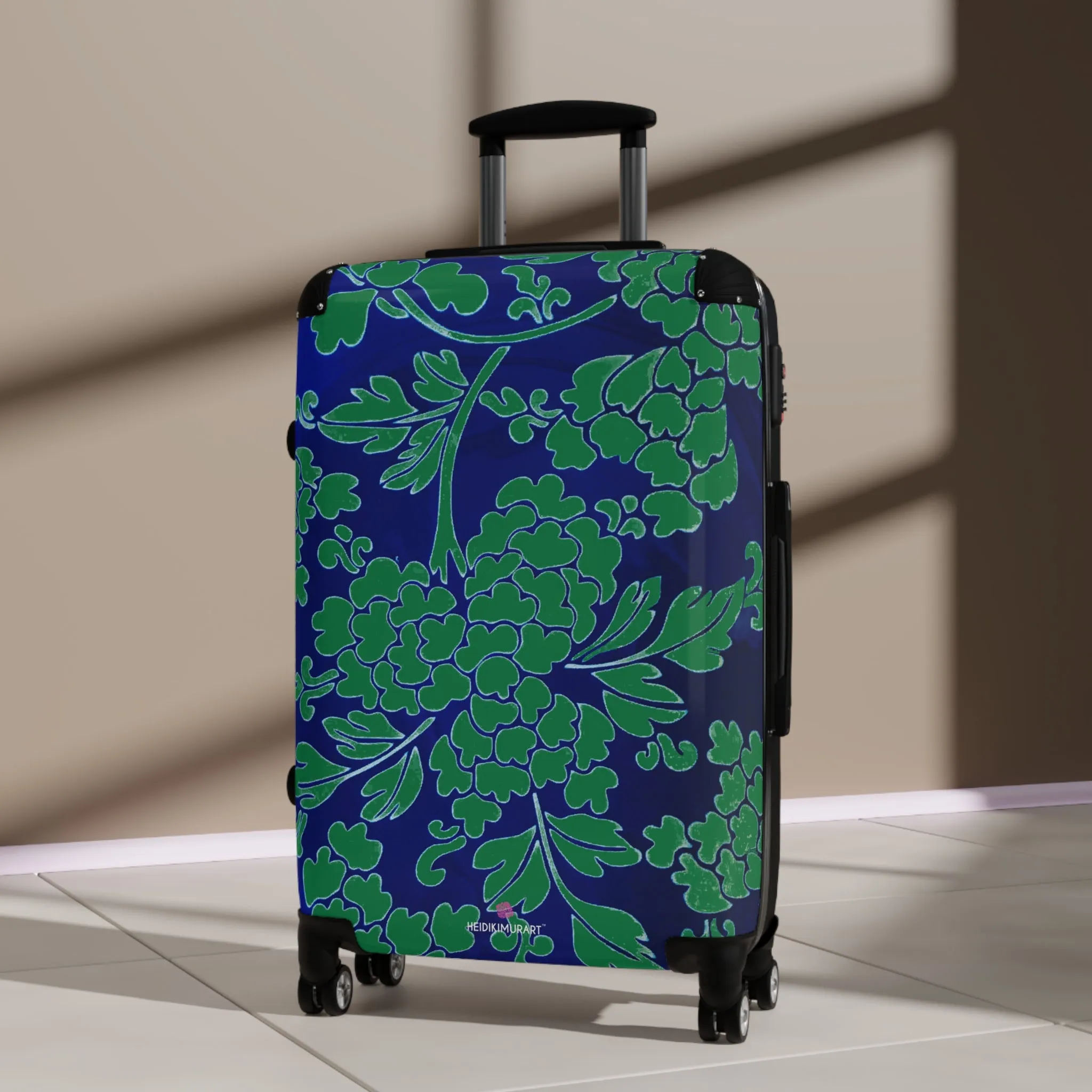 Green Blue Floral Print Suitcase, Abstract Oriental Style Print Designer Suitcases, Travel Bag Suitcases (Small, Medium, Large)