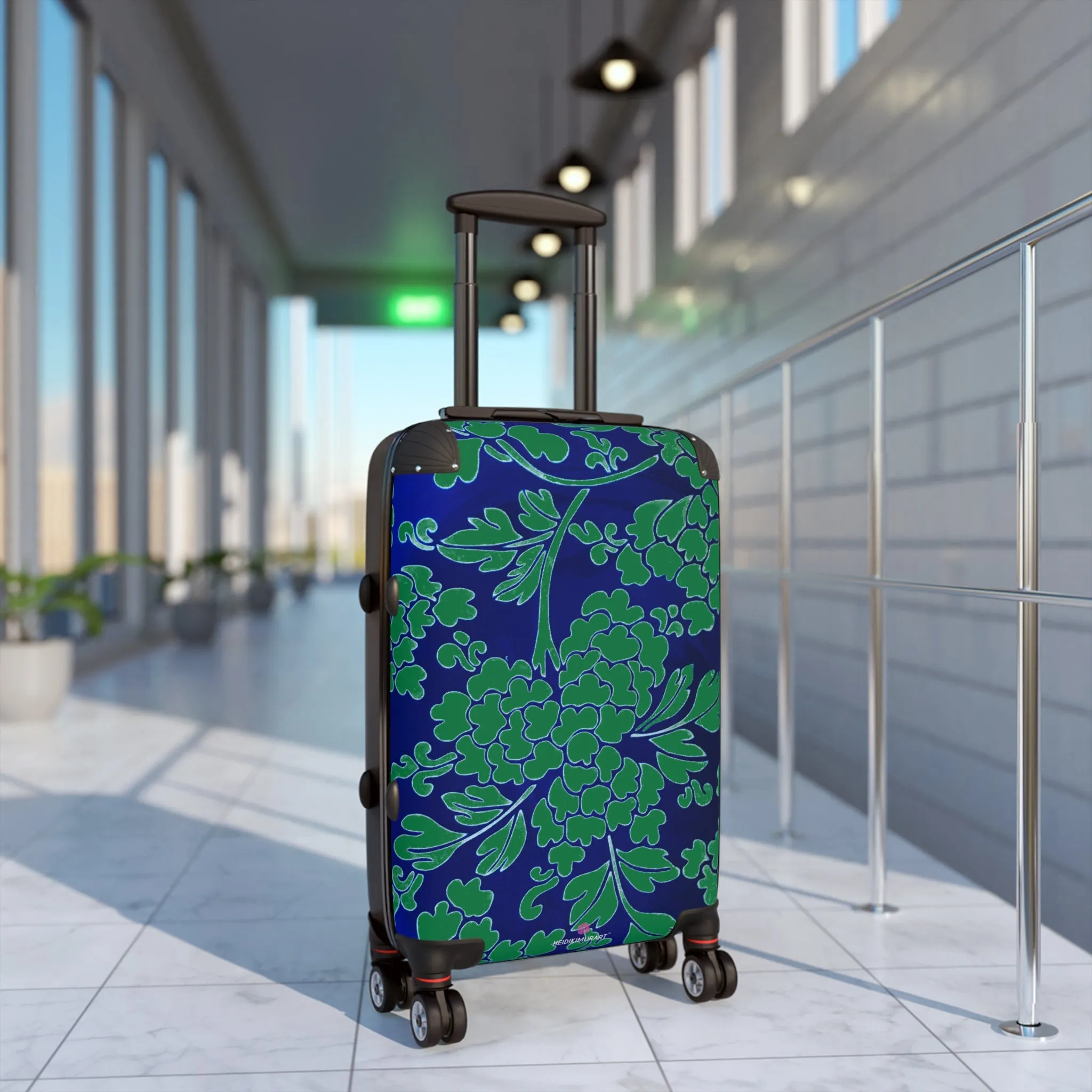 Green Blue Floral Print Suitcase, Abstract Oriental Style Print Designer Suitcases, Travel Bag Suitcases (Small, Medium, Large)