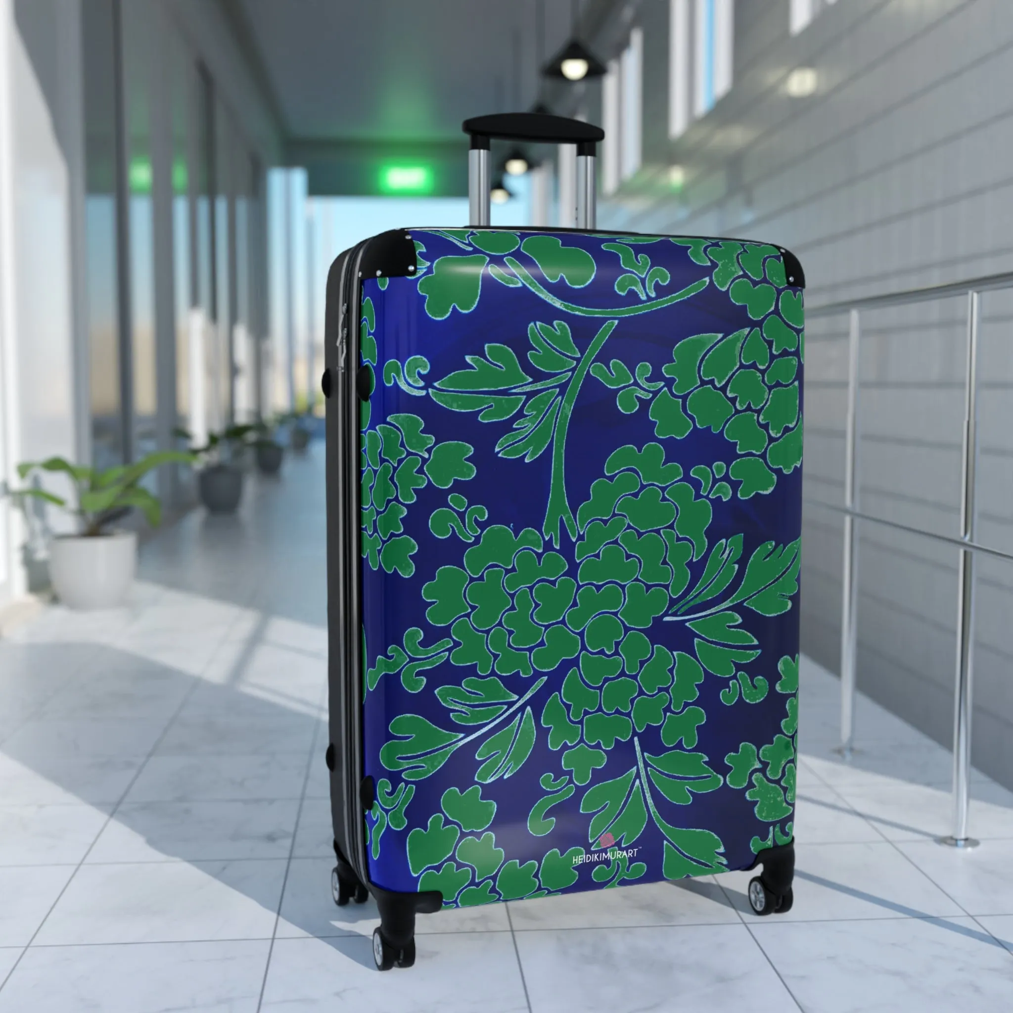 Green Blue Floral Print Suitcase, Abstract Oriental Style Print Designer Suitcases, Travel Bag Suitcases (Small, Medium, Large)