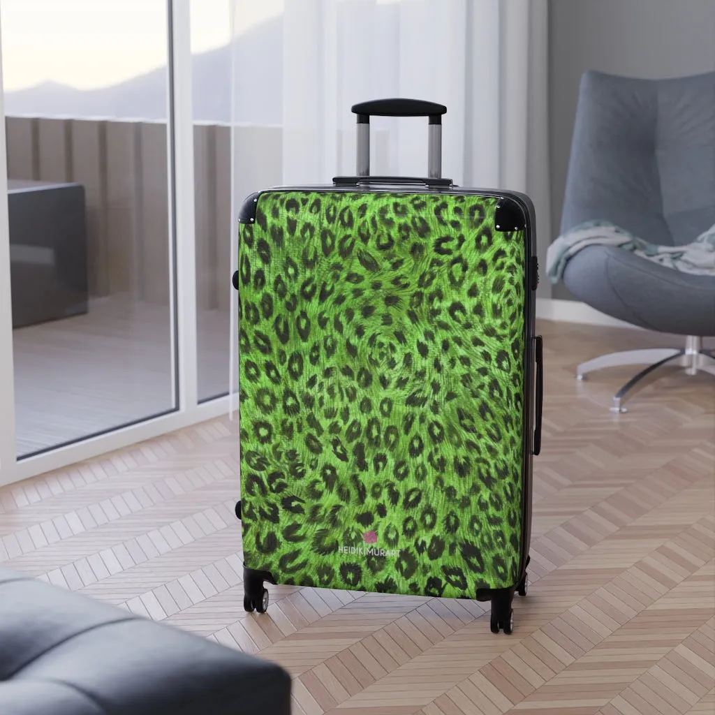 Green Leopard Print Suitcases, Leopard Spots Animal Print Designer Suitcase Luggage (Small, Medium, Large)