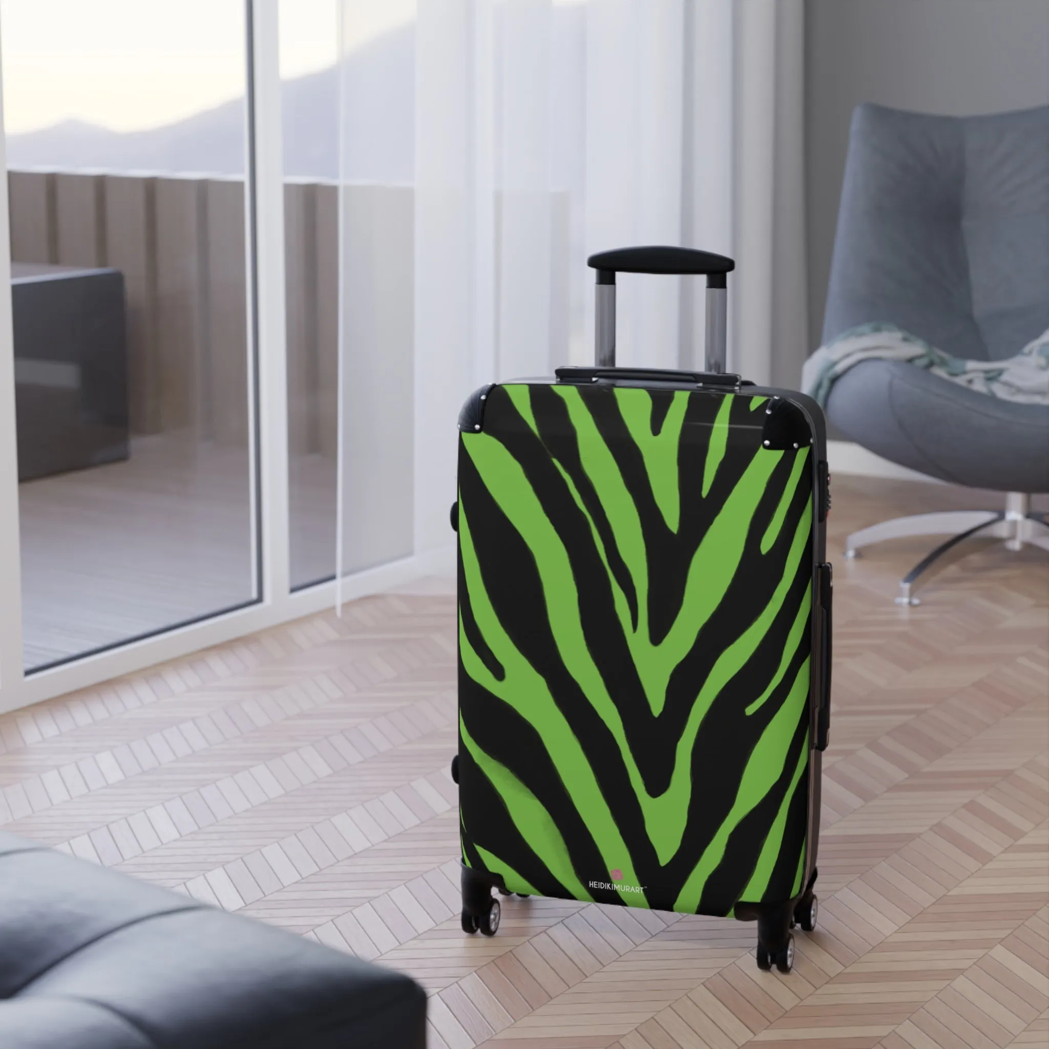 Green Zebra Print Best Suitcases, Black and Green Zebra Print Travel Bag Suitcases (Small, Medium, Large)