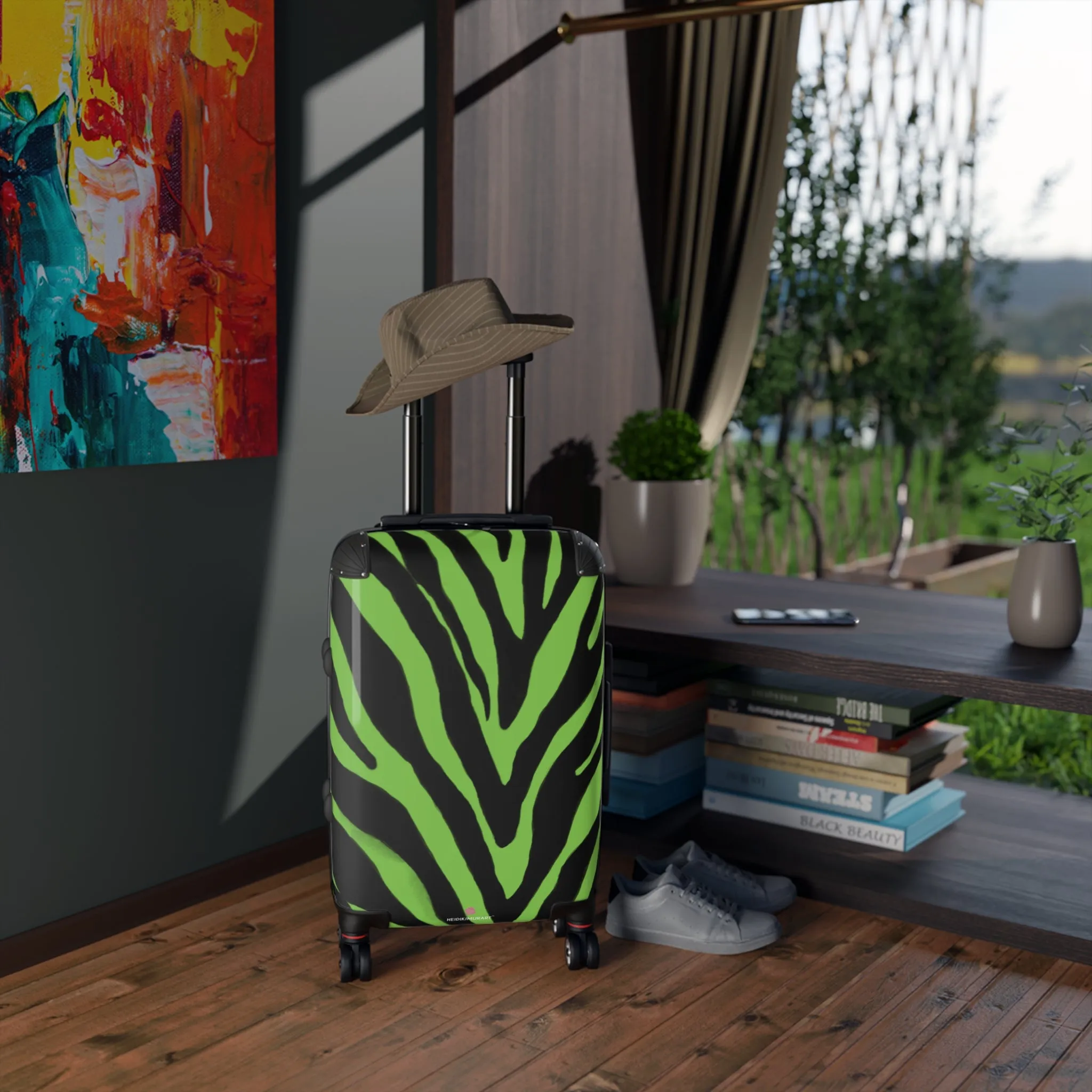 Green Zebra Print Best Suitcases, Black and Green Zebra Print Travel Bag Suitcases (Small, Medium, Large)