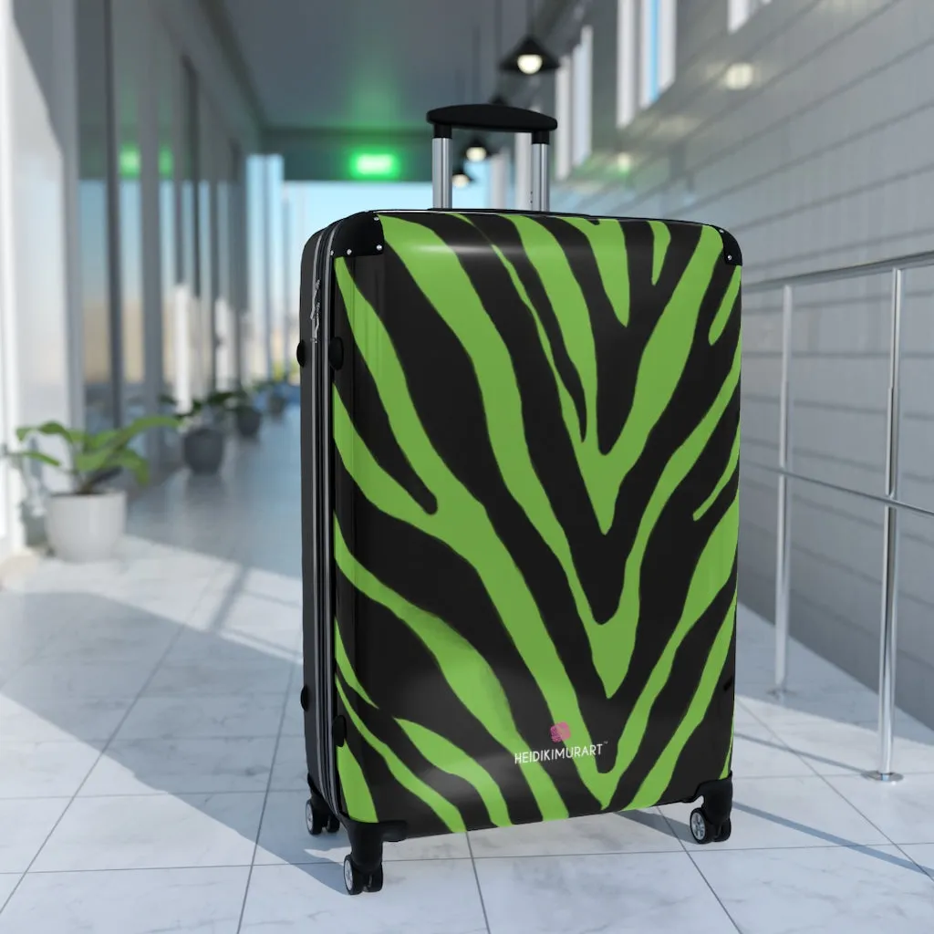 Green Zebra Print Suitcases, Zebra Striped Animal Print Designer Suitcase Luggage (Small, Medium, Large)