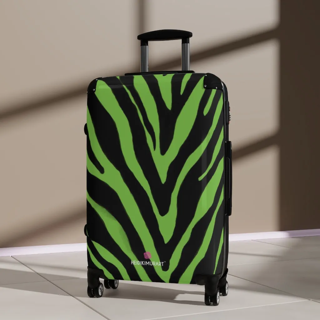 Green Zebra Print Suitcases, Zebra Striped Animal Print Designer Suitcase Luggage (Small, Medium, Large)