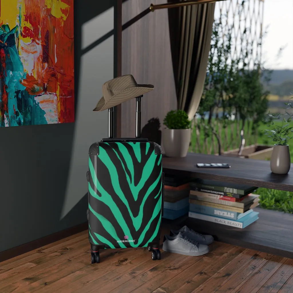 Green Zebra Striped Print Suitcases, Zebra Striped Animal Print Designer Suitcase Luggage (Small, Medium, Large)