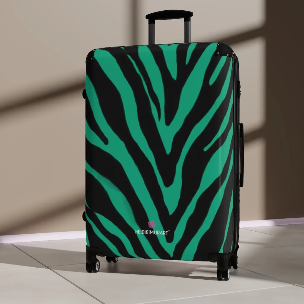 Green Zebra Striped Print Suitcases, Zebra Striped Animal Print Designer Suitcase Luggage (Small, Medium, Large)