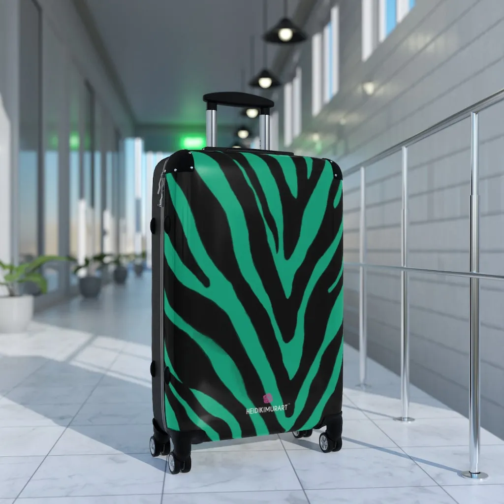 Green Zebra Striped Print Suitcases, Zebra Striped Animal Print Designer Suitcase Luggage (Small, Medium, Large)