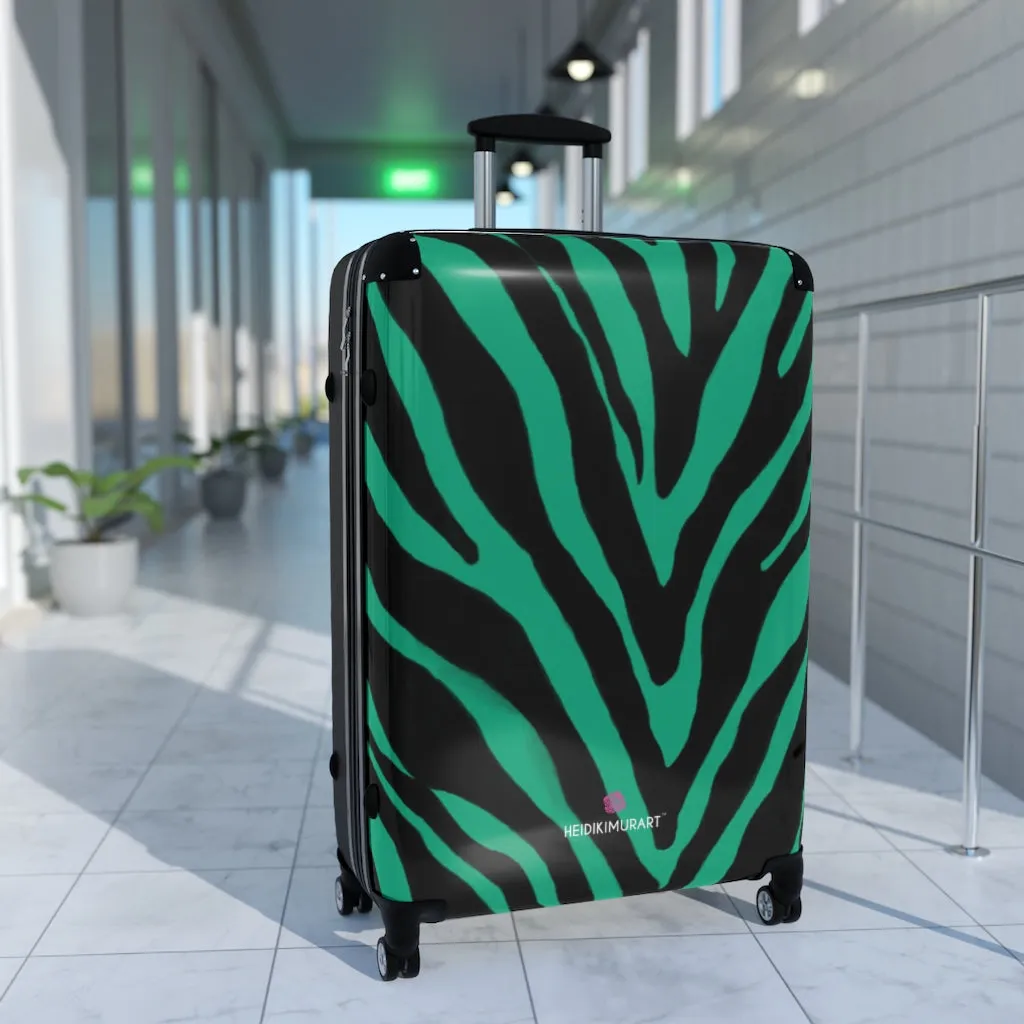 Green Zebra Striped Print Suitcases, Zebra Striped Animal Print Designer Suitcase Luggage (Small, Medium, Large)