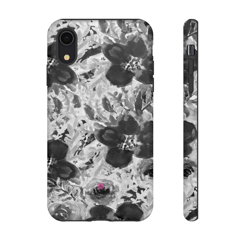 Grey Floral Designer Tough Cases, Rose Flower Print Best iPhone Samsung Case-Made in USA