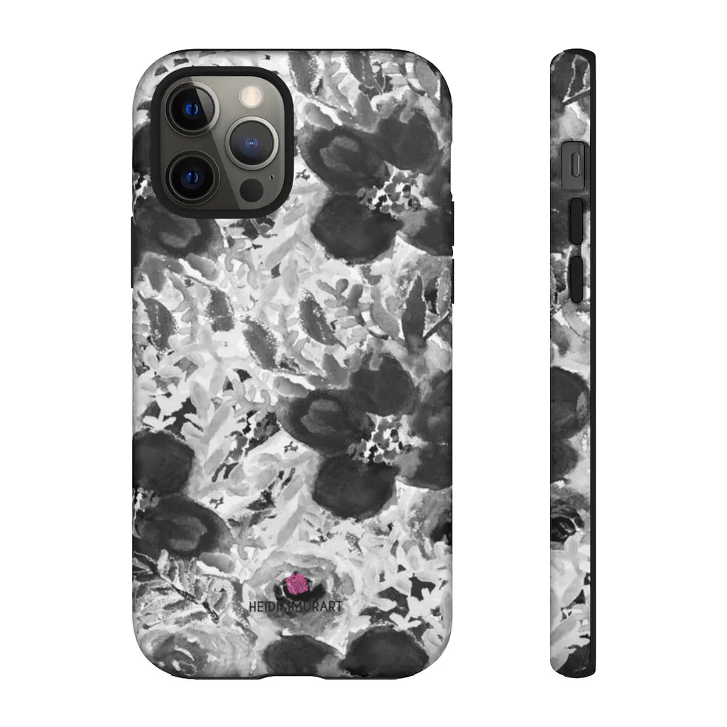 Grey Floral Designer Tough Cases, Rose Flower Print Best iPhone Samsung Case-Made in USA