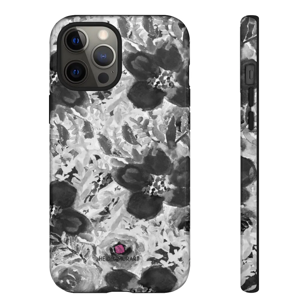 Grey Floral Designer Tough Cases, Rose Flower Print Best iPhone Samsung Case-Made in USA