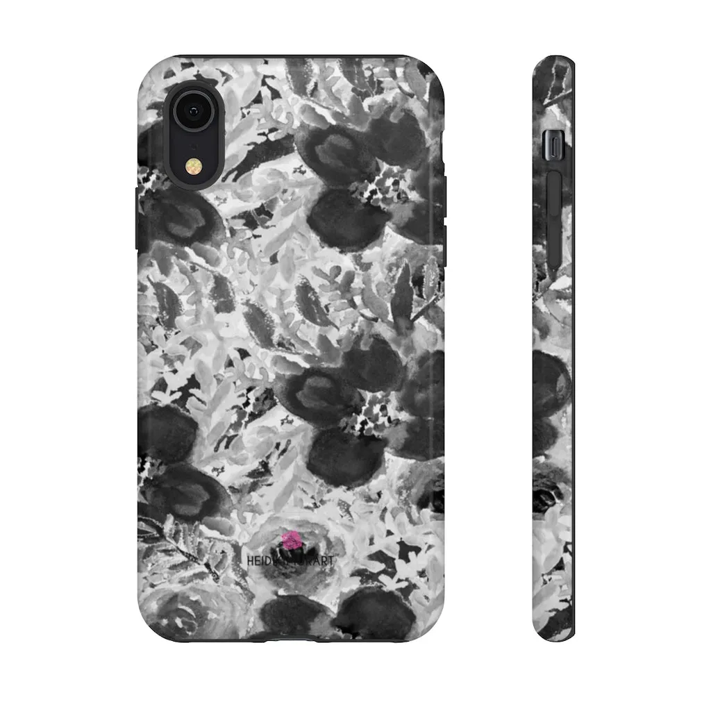 Grey Floral Designer Tough Cases, Rose Flower Print Best iPhone Samsung Case-Made in USA