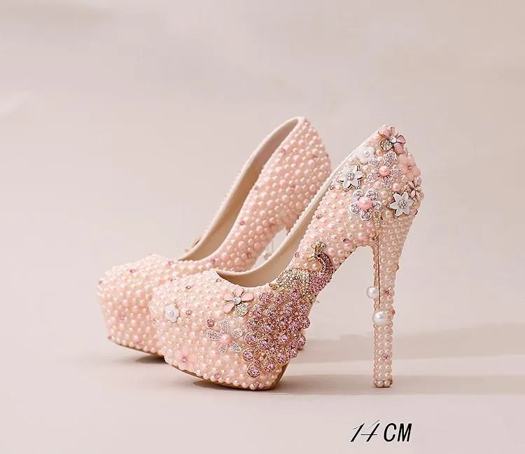 Handmade High Heels Round Toe Pearls Crystal Wedding Shoes, S0038