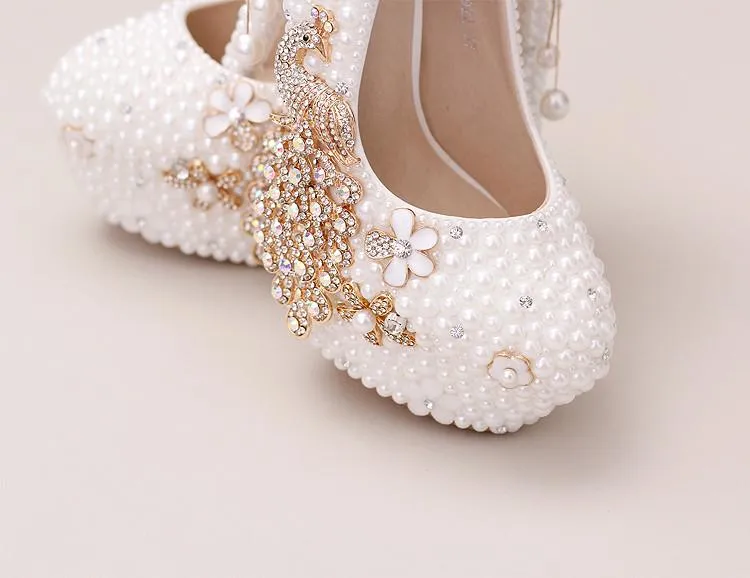 Handmade High Heels Round Toe Pearls Crystal Wedding Shoes, S0038